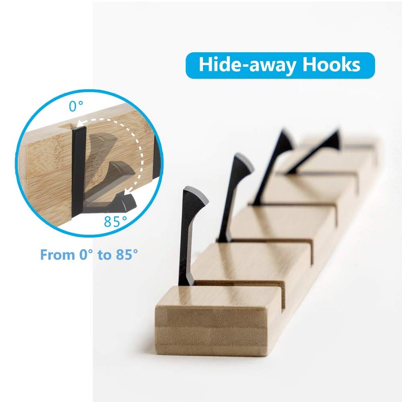 JSVER Wooden Coat Hooks Coat Rack Wall Mounted, Modern Coat Rack, Space-Saving Coat Hook with 4 Standard Retractable Hooks Hat Coat Hook for Entryway, Hallway, Bathroom, Living Room, Bedroom - Image 2